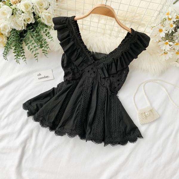 Maieu de damă din dantelă cu decolteu în V în alb și negru