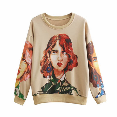 Hanorac modern de dama cu maneca lunga in culoare bej si aplicatie