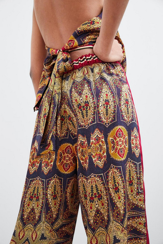 Pantaloni lungi de dama cu talie elastica cu margine laterala si imprimeu