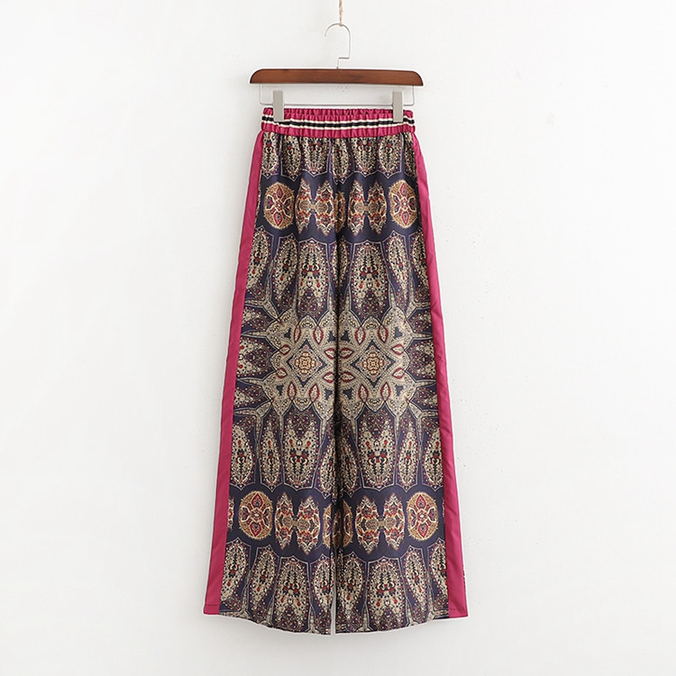 Pantaloni lungi de dama cu talie elastica cu margine laterala si imprimeu