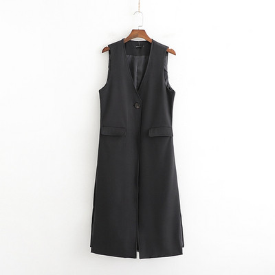 Vesta lunga eleganta cu decolteu in V si nasture de culoare neagra