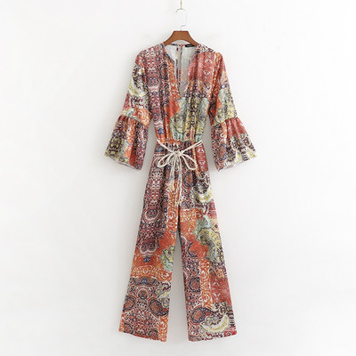 Γυναικείες casual ολόσωμες φόρμες V-neck, ζώνη στη μέση & Lotus μανίκι