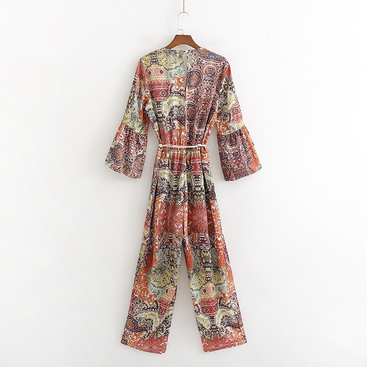 Γυναικείες casual ολόσωμες φόρμες V-neck, ζώνη στη  μέση & Lotus μανίκι