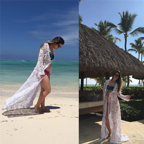 Μακρύ γυναικείο παρεό από δαντέλα σε λευκό χρώμα