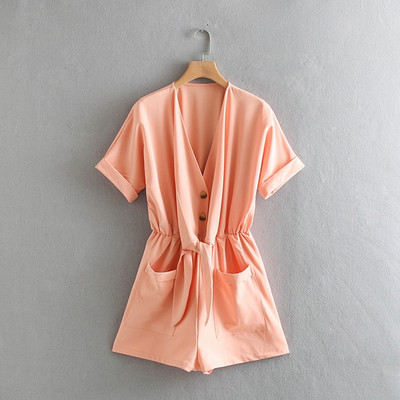 Γυναικείες ολόσωμες φόρμες με V λαιμόκοψη, κουμπιά και σε ροζ χρώμα