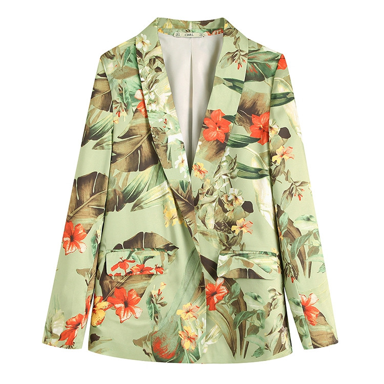 Дамско сако с дълъг ръкав с V - образно деколте, копчета и джобове с флорален принт
