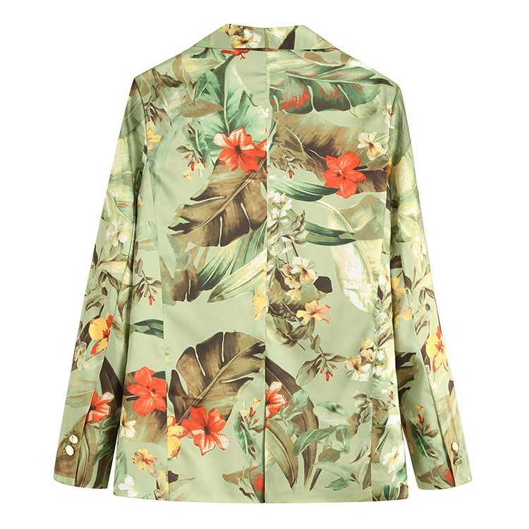 Női hosszú ujjú kabát V-nyakkal, gombokkal és zsebekkel virágmintás