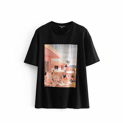 Fekete női póló ovális nyakkivágással és rövid ujjú rátéttel