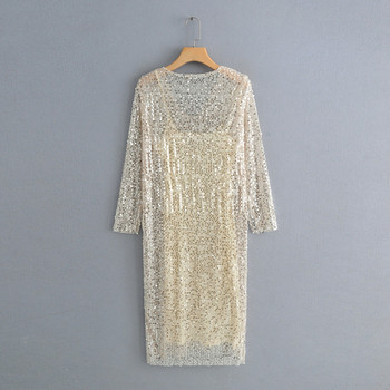 Stílusos női ruha V-nyakú, hosszú ujjú flitterekkel