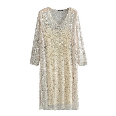 Stílusos női ruha V-nyakú, hosszú ujjú flitterekkel