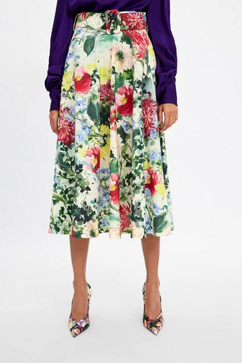 Fusta de dama moderna cu talie inalta si curea cu model floral