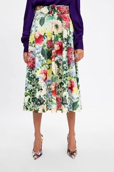 Fusta de dama moderna cu talie inalta si curea cu model floral