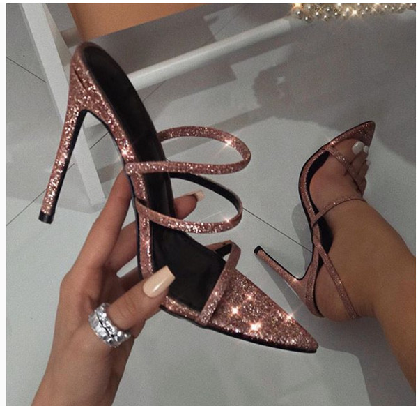 Sandale de dama elegante cu efect stralucitor in culoarea roz