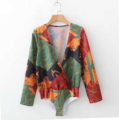 Body elegant de damă cu mâneci lungi și decolteu în V cu model cu model