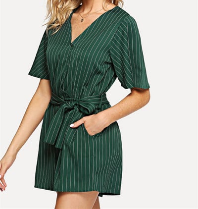 Salopeta de dama moderna in dungi cu curea de culoare verde