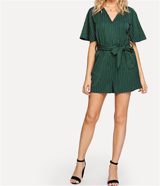 Salopeta de dama moderna in dungi cu curea de culoare verde