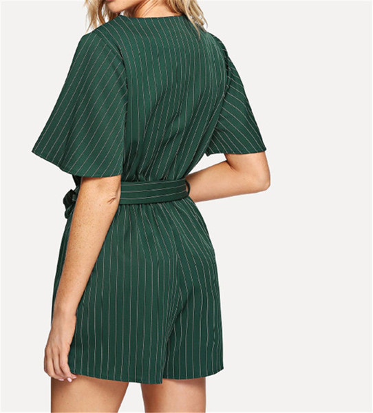 Salopeta de dama moderna in dungi cu curea de culoare verde