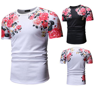 Tricou modern pentru bărbați cu motive florale în alb-negru