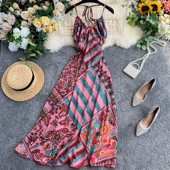 Цветна дамска дълга рокля с тънки презрамки