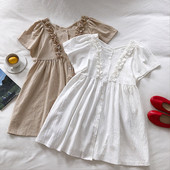 Rochie casual de dama cu maneci scurte in alb, albastru si maro