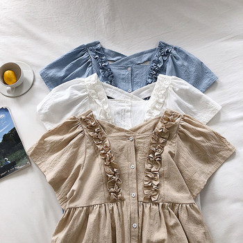 Rochie casual de dama cu maneci scurte in alb, albastru si maro