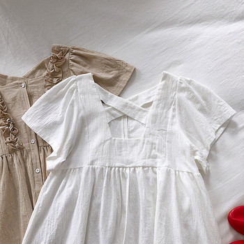 Rochie casual de dama cu maneci scurte in alb, albastru si maro