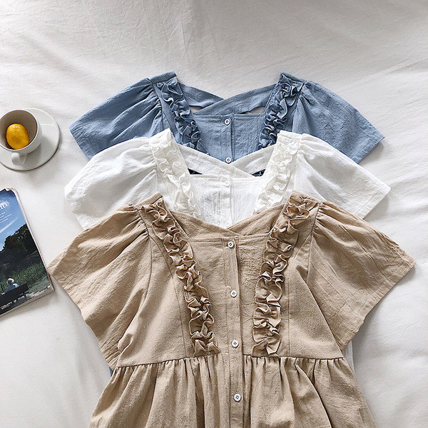 Rochie casual de dama cu maneci scurte in alb, albastru si maro