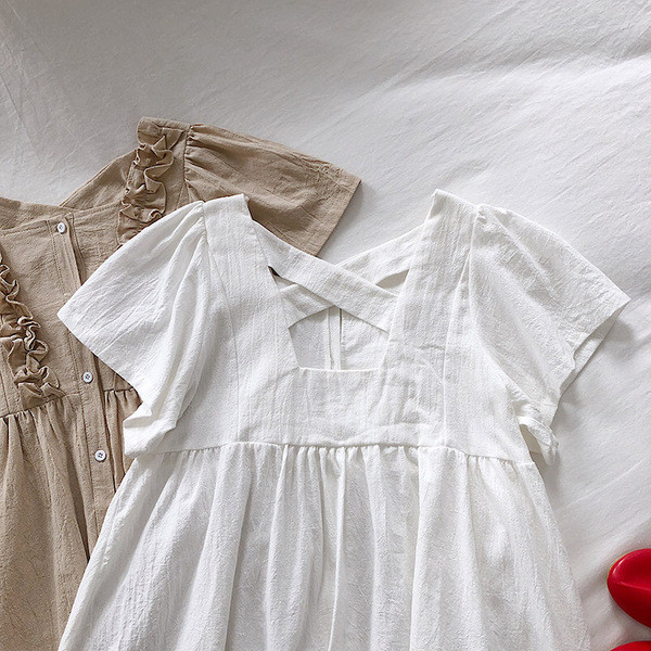 Rochie casual de dama cu maneci scurte in alb, albastru si maro