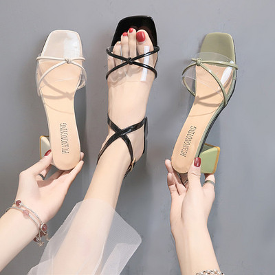 Дамски обувки с висок ток в три цвята с прозрачен елемент