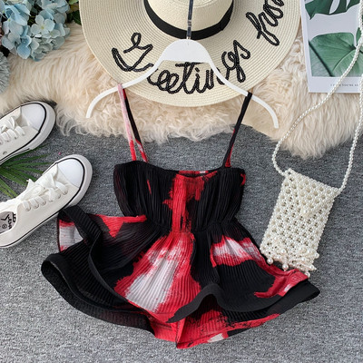 Модерен дамски потник с тънки презрамки в четири цвята с цветен принт