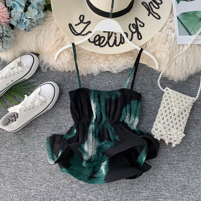 Модерен дамски потник с тънки презрамки в четири цвята с цветен принт