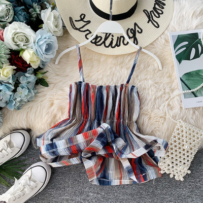 Модерен дамски потник с тънки презрамки в четири цвята с цветен принт