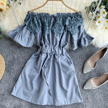 Дамска рокля с голи рамене и дантела в три цвята