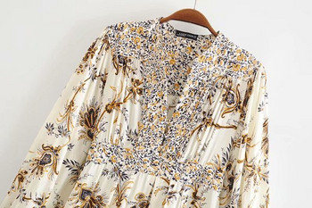 Дамска ежедневна рокля с V-образно деколте и дълъг ръкав с флорален десен