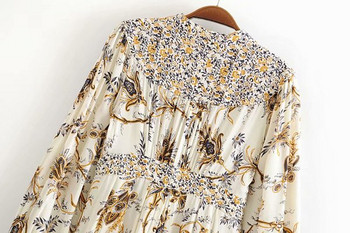 Дамска ежедневна рокля с V-образно деколте и дълъг ръкав с флорален десен