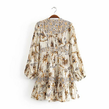 Дамска ежедневна рокля с V-образно деколте и дълъг ръкав с флорален десен