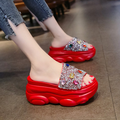 Модерни дамски чехли с платформа и камъни в няколко цвята