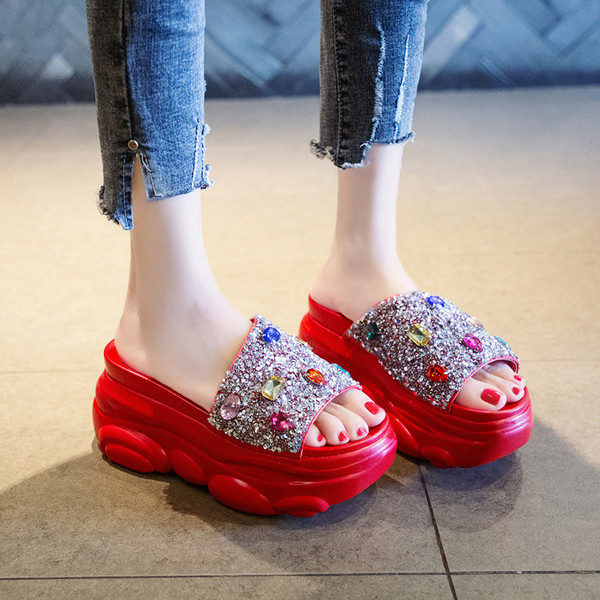 Модерни дамски чехли с платформа и камъни в няколко цвята