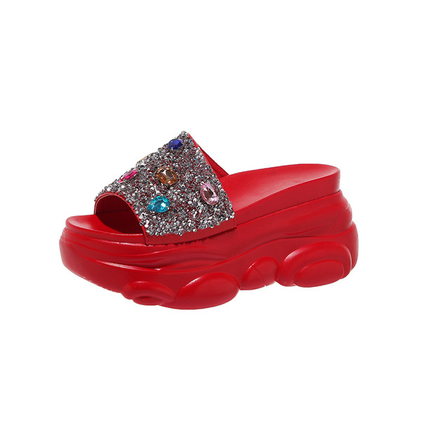 Модерни дамски чехли с платформа и камъни в няколко цвята