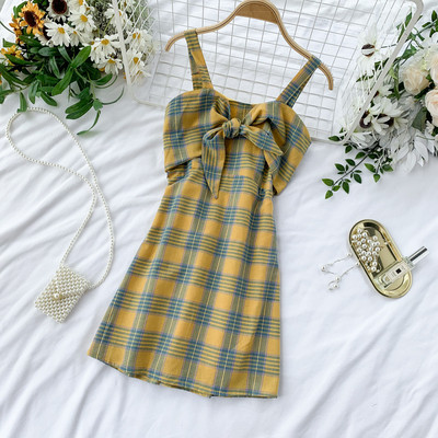 Модерна дамска карирана рокля с панделка в два цвята