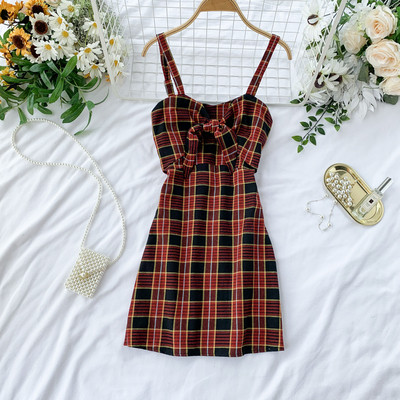 Модерна дамска карирана рокля с панделка в два цвята