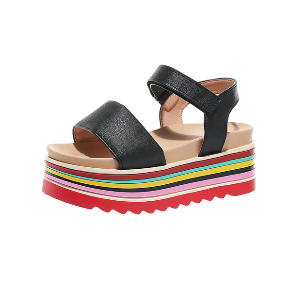 Дамски сандали с цветна подметка в черен, сребрист и бежов цвят