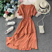 Модерна дамска дълга рокля с къс ръкав и копчета в няколко цвята