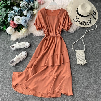 Модерна дамска дълга рокля с къс ръкав и копчета в няколко цвята