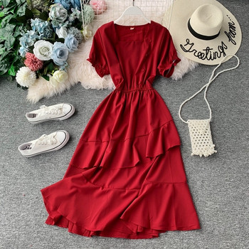 Модерна дамска дълга рокля с къс ръкав и копчета в няколко цвята