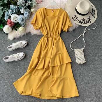 Модерна дамска дълга рокля с къс ръкав и копчета в няколко цвята