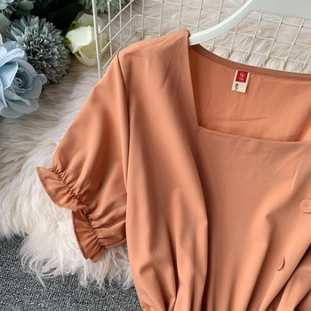 Модерна дамска дълга рокля с къс ръкав и копчета в няколко цвята