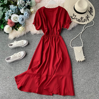 Модерна дамска дълга рокля с къс ръкав и копчета в няколко цвята