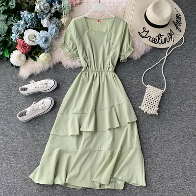 Модерна дамска дълга рокля с къс ръкав и копчета в няколко цвята