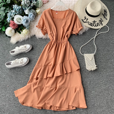 Модерна дамска дълга рокля с къс ръкав и копчета в няколко цвята